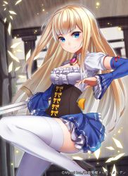 Rule 34 | 1girl, blonde hair, blue eyes, boots, breasts, brooch, cleavage, corset, detached sleeves, high heel boots, high heels, jewelry, leg up, long hair, original, ray-akila, shinki kakusei melty maiden, smile, solo, sword, thighhighs, weapon, white thighhighs
