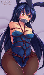 Rule 34 | 10s, 1girl, animal ears, arms behind back, bare shoulders, bdsm, blue hair, blush, bondage, bound, breast bondage, breasts, brown eyes, completion time, crying, crying with eyes open, curvy, fake animal ears, gag, gagged, improvised gag, leotard, long hair, love live!, love live! school idol project, maullarmaullar, medium breasts, pantyhose, playboy bunny, rabbit ears, restrained, rope, shibari, shibari over clothes, solo, sonoda umi, tape, tape gag, tears, twitter username, very long hair, wide hips