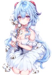 Rule 34 | 1girl, absurdres, ahoge, amaki ruto, bare shoulders, blue hair, blush, breasts, cleavage, closed mouth, collarbone, detached collar, dress, fingernails, flower, ganyu (genshin impact), genshin impact, highres, holding, horns, long hair, looking at viewer, medium breasts, off shoulder, purple eyes, scan, simple background, sitting, smile, solo, white background, white dress