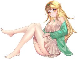 Rule 34 | 1girl, asada sadao, bare shoulders, barefoot, blonde hair, blouse, breasts, cleavage, earrings, full body, green jacket, highres, jacket, jewelry, long hair, looking at viewer, mythra (xenoblade), open mouth, shirt, simple background, skirt, sleeveless, sleeveless shirt, solo, spaghetti strap, thigh strap, white background, white shirt, white skirt, xenoblade chronicles (series), xenoblade chronicles 2, yellow eyes