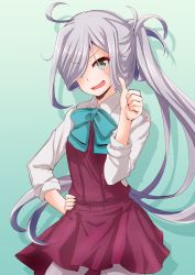 Rule 34 | 10s, 1girl, ahoge, anti (untea9), asashimo (kancolle), hair over one eye, hand on own hip, highres, kantai collection, long hair, open mouth, pantyhose, ponytail, school uniform, skirt, smile, solo, thumbs up, very long hair