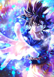 Rule 34 | 1boy, black hair, blue shirt, bruise, bruise on face, closed mouth, collarbone, dragon ball, dragon ball super, grey eyes, injury, long hair, male focus, mattari illust, orange pants, outstretched arm, outstretched hand, pants, shirt, short sleeves, solo, son goku, spiked hair, standing, torn clothes, torn shirt, ultra instinct, v-shaped eyebrows