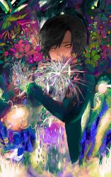 Rule 34 | 1boy, abstract, bad id, bad twitter id, black hair, black shirt, cocontma, colorful, covered mouth, flower, highres, leaf, long sleeves, original, pink flower, shirt, short hair, solo, surreal, upper body, yellow eyes
