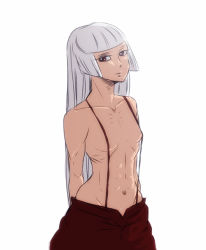 Rule 34 | 1girl, abs, arms behind back, collarbone, female focus, flat chest, fujiwara no mokou, hime cut, long hair, muscular, naked suspenders, navel, no bra, no panties, pants, red eyes, revealing clothes, simple background, solo, suspenders, tadashi, topless, touhou, white background, white hair