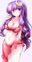 Rule 34 | 1girl, bikini, blush, bow, breasts, crescent, crescent hair ornament, fumitsuki (minaduki 6), hair bow, hair ornament, large breasts, long hair, looking at viewer, navel, no headwear, open mouth, panties, patchouli knowledge, purple eyes, purple hair, sarong, see-through, simple background, solo, swimsuit, touhou, underwear