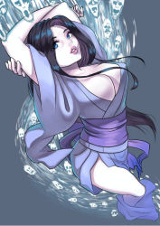 Rule 34 | 93tmnatsuki, arms up, bad id, bad pixiv id, black hair, blue eyes, breasts, cleavage, large breasts, long hair, looking at viewer, original, pale skin, parted lips, solo, souls, very long hair, yuki onna