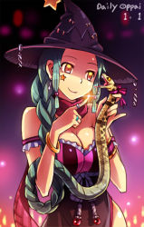 Rule 34 | 1girl, bail, bare shoulders, blue hair, braid, breasts, cleavage, facial tattoo, hat, original, single braid, smile, snake, solo, star (symbol), tattoo, witch hat, yellow eyes