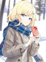 Rule 34 | 1girl, aizawa ema, blonde hair, blue eyes, blue scarf, brown coat, cardigan, checkered clothes, checkered coat, checkered scarf, coat, gift, grey cardigan, hair between eyes, hair flaps, hair ornament, hairclip, highres, holding, holding gift, long hair, looking at viewer, open clothes, open coat, outdoors, pine tree, plaid, plaid coat, scarf, sidelocks, signature, smile, snow, solo, standing, stream, swept bangs, tree, valentine, virtual youtuber, vspo!, you0330