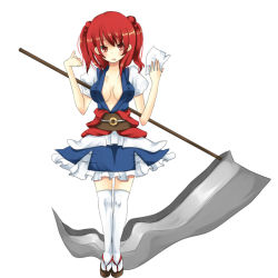 Rule 34 | 1girl, blue dress, breasts, cleavage, collarbone, dress, female focus, geta, holding, holding weapon, large breasts, looking at viewer, obi, onozuka komachi, puffy short sleeves, puffy sleeves, red eyes, red hair, sash, scythe, short hair, short sleeves, solo, tabi, thighhighs, touhou, umi (umi02), weapon, white thighhighs, zettai ryouiki