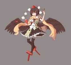 Rule 34 | 1girl, black hair, black thighhighs, black wings, feathered wings, hat, highres, holding, kaminendo, looking at viewer, notepad, parted lips, pen, pom pom (clothes), red eyes, scarf, shameimaru aya, short hair, simple background, solo, thighhighs, tokin hat, touhou, wings