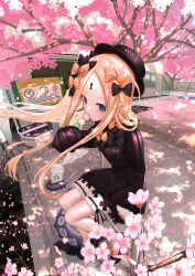 Rule 34 | 1girl, abigail williams (fate), black bow, black dress, black hat, blonde hair, bloomers, blue eyes, blush, bow, breasts, cherry blossoms, coffee cup, cup, dango, disposable cup, dress, eating, fate/grand order, fate (series), fence, food, forehead, hair bow, hat, highres, keyhole, long hair, long sleeves, looking at viewer, multiple hair bows, orange bow, parted bangs, polka dot, polka dot bow, revision, ribbed dress, shiro ami, sitting, sleeves past fingers, sleeves past wrists, small breasts, solo, spring (season), tentacles, tree, underwear, wagashi, white bloomers