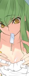 Rule 34 | 1girl, c.c., carrying, code geass, creayus, dress, fingernails, food, food on body, food on breasts, green hair, hair between eyes, long hair, mouth hold, popsicle, princess carry, solo, upper body, white dress, yellow eyes