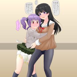 Rule 34 | 2girls, bang dream!, black hair, black panties, black socks, blush, breasts, brown background, brown shirt, brown skirt, closed mouth, clothes lift, collarbone, diaper, embarrassed, female focus, flat chest, green skirt, grey jacket, hair ornament, happy, highres, hug, indoors, jacket, japanese text, kneehighs, lifting another&#039;s clothes, long hair, long sleeves, looking at another, medium breasts, miniskirt, multiple girls, neck ribbon, nose blush, open mouth, panties, panties under pantyhose, pantyhose, pee, peed self, peeing, peeing self, plaid, plaid skirt, pleated skirt, purple eyes, red eyes, red ribbon, ribbon, sailor collar, school uniform, see-through, sen no yugami, shirokane rinko, shirt, short hair, simple background, skirt, skirt lift, smile, socks, speech bubble, standing, sweat, talking, text focus, translated, twintails, udagawa ako, underwear, wavy mouth, wet, wet clothes, wet diaper, white sailor collar, white shirt, wide-eyed