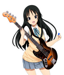 Rule 34 | 1girl, :d, akiyama mio, bad id, bad pixiv id, black eyes, black hair, guitar, holding, instrument, k-on!, long hair, looking at viewer, official style, open mouth, pleated skirt, ragho no erika, round teeth, school uniform, simple background, skirt, smile, solo, teeth, white background