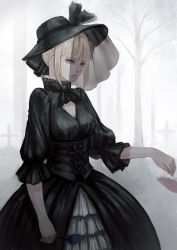 Rule 34 | 1girl, adapted costume, ahoge, artoria pendragon (fate), bell line gown, blonde hair, blue rose, bryanth, corset, dress, fate/hollow ataraxia, fate/stay night, fate (series), flower, gothic lolita, gown, hair ribbon, hat, highres, lolita fashion, pale skin, ribbon, rose, saber (fate), saber alter, solo, veil, yellow eyes