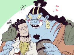 Rule 34 | 2boys, afro, anger vein, ascot, beer mug, black hair, blue skin, blush stickers, cheek-to-cheek, cigar, collared shirt, colored skin, crocodile (one piece), cup, curly eyebrows, drinking glass, fish boy, hair slicked back, heads together, height chart, jinbe (one piece), laughing, loving aura, male focus, mature male, merman, monster boy, mug, multiple boys, one piece, scar, scar on face, scar on nose, sharp teeth, shirt, short hair, size difference, smile, smoking, squatting, stitches, teeth, tusks, wine glass, y y ko