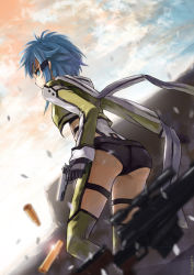 Rule 34 | 1girl, anti-materiel rifle, ass, black gloves, black shorts, blue eyes, blue hair, bolt action, bullet, cartridge, gloves, green jacket, green thighhighs, gun, hair ornament, hairclip, holding, holding gun, holding weapon, jacket, long sleeves, micro shorts, open clothes, open jacket, outdoors, pgm hecate ii, rifle, sgtxiaoxin, short hair, short shorts, shorts, sidelocks, sinon, sniper rifle, solo, standing, sword art online, thigh strap, thighhighs, weapon