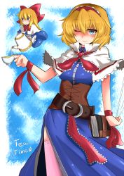 Rule 34 | &gt;:o, 1girl, :o, ;), alice margatroid, belt, blue background, blue dress, blush, book, bow, bowtie, breasts, buckle, capelet, corset, cup, doll, dress, female focus, garter straps, grimoire, grimoire of alice, highres, hip focus, lace, long hair, looking at viewer, one eye closed, pink thighhighs, roki (hirokix), sash, scarf, shanghai doll, shiny clothes, side slit, small breasts, smile, solo, standing, string, tea, teacup, teapot, thighhighs, touhou, v-shaped eyebrows, white thighhighs, wink