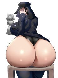 Rule 34 | 1girl, ass, black eyes, black hair, blush, breasts, donna beneviento, dress, from behind, highres, huge ass, huge breasts, long sleeves, looking at viewer, looking back, panties, resident evil, resident evil village, sitting, solo, underwear, white background, ytrall