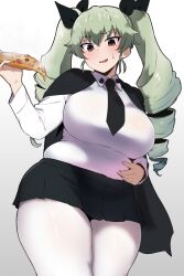 Rule 34 | 1girl, alternate breast size, amogan, anchovy (girls und panzer), anzio school uniform, black necktie, black skirt, blush, breasts, brown eyes, drill hair, food, girls und panzer, green hair, hair ribbon, highres, large breasts, long hair, miniskirt, necktie, open mouth, pantyhose, pizza, pleated skirt, plump, ribbon, school uniform, skirt, smile, solo, sweatdrop, twintails, white pantyhose