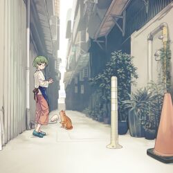 Rule 34 | 1girl, alley, animal, apron, blue apron, blue footwear, cat, chinese text, condenser unit, day, food, fuuka (fukasheu), glasses, green hair, highres, holding, holding food, industrial pipe, long sleeves, looking at viewer, non-web source, orange pants, original, outdoors, pants, pet food, plant, potted plant, real world location, shirt, short hair, slippers, smile, solo, standing, traffic cone, white cat, white shirt