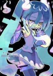 Rule 34 | 1girl, artist name, black background, black thighhighs, blue hair, commentary request, creatures (company), dated, detached arm, detached legs, detached sleeves, game freak, ghost miku (project voltage), glitch, grey shirt, hair between eyes, hands up, hatsune miku, highres, kotsubu mikan, long hair, long sleeves, looking at viewer, necktie, nintendo, outline, pale skin, pokemon, print sleeves, project voltage, see-through, see-through skirt, shirt, skirt, sleeveless, sleeveless shirt, sleeves past fingers, sleeves past wrists, solo, thighhighs, tongue, tongue out, twintails, very long hair, vocaloid, white necktie, yellow eyes
