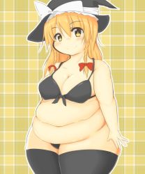 Rule 34 | 1girl, black bra, black panties, blush, bra, braid, breasts, fat, fat rolls, female focus, front-tie top, hat, highres, kirisame marisa, large breasts, long hair, looking at viewer, navel, nengorogoro, obese, panties, revision, smile, solo, thick arms, thick thighs, thighhighs, thighs, touhou, twin braids, underwear, underwear only, wide hips, witch hat, yellow eyes