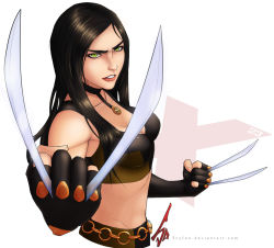 Rule 34 | 10s, 1girl, belt, black hair, breasts, choker, claw (weapon), cleavage, clenched hands, crop top, elbow gloves, fingerless gloves, gloves, green eyes, jewelry, lips, long hair, marvel, midriff, nose, pendant, scyfon, small breasts, solo, upper body, weapon, x-23, x-men