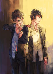 Rule 34 | 2boys, black hair, blood, blood in mouth, formal, ginoza nobuchika, glasses, hand on shoulder, kougami shin&#039;ya, male focus, messy hair, multiple boys, psycho-pass, siruphial, suit, unbuttoned, unbuttoned shirt, wiping face