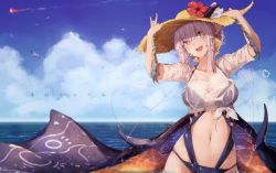 Rule 34 | 1girl, blue wings, breasts, dragon girl, dragon wings, female focus, flower, hat, hat flower, highres, large breasts, looking at viewer, monster hunter (series), nail polish, namielle, navel, orange eyes, personification, see-through, see-through shirt, sharp teeth, shirt, short hair with long locks, smile, solo, straw hat, suiiryu, sun hat, swimsuit, teeth, webbed hands, wet, wet clothes, wet shirt, white hair, wings