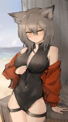 Rule 34 | 1girl, animal ears, arknights, arm support, beach, black one-piece swimsuit, blush, breasts, cameltoe, casual one-piece swimsuit, cleavage, covered navel, cowboy shot, frown, grey hair, hair between eyes, hair ornament, highres, jacket, large breasts, long hair, looking at viewer, off shoulder, official alternate costume, one-piece swimsuit, open clothes, open jacket, outdoors, projekt red (arknights), projekt red (light breeze) (arknights), red jacket, sand, solo, split mouth, swimsuit, tail, unzipping, water, wolf ears, wolf girl, wolf tail, xerbatt, yellow eyes