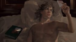 Rule 34 | 1boy, armpits, bed, birthmark, blonde hair, blue eyes, book, closed mouth, commentary request, danart14020, dio brando, highres, holding, joestar birthmark, jojo no kimyou na bouken, long hair, male focus, muscular, muscular male, nipples, on bed, pillow, realistic, solo, stardust crusaders, topless male