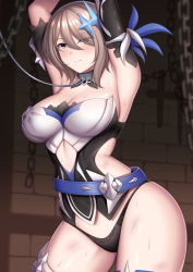 Rule 34 | 1girl, armpits, arms up, black panties, blush, breasts, brown eyes, brown hair, chain, chained, cleavage, closed mouth, collar, cowboy shot, eyes visible through hair, guardian-panda, hair ornament, highres, honkai (series), honkai impact 3rd, large breasts, looking at viewer, panties, rita rossweisse, rita rossweisse (artemis), short hair, solo, thighs, underwear