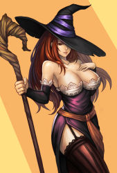 Rule 34 | 1girl, bad id, bad pixiv id, bare shoulders, breasts, cleavage, detached sleeves, dragon&#039;s crown, dress, garter straps, hat, hat over one eye, lace, lace-trimmed legwear, lace trim, large breasts, legs, lieqi hun, long hair, matching hair/eyes, one eye covered, orange eyes, orange hair, side slit, solo, sorceress (dragon&#039;s crown), staff, strapless, strapless dress, thighhighs, thighs, vanillaware, witch, witch hat