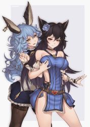 Rule 34 | 2girls, absurdres, animal ears, artist name, bare shoulders, belt, black choker, black hair, blue hair, grabbing another&#039;s breast, breasts, brown eyes, buckle, choker, collarbone, commentary, commission, detached sleeves, ear piercing, erune, ferry (granblue fantasy), flower, frills, frown, grabbing, grabbing from behind, gradient background, granblue fantasy, grey background, hair between eyes, hair flower, hair ornament, heart, heart-shaped buckle, highres, large breasts, long hair, meolucky147, multiple girls, nier (granblue fantasy), open mouth, pelvic curtain, piercing, puffy detached sleeves, puffy sleeves, sideless outfit, simple background, thighhighs, very long hair, yellow eyes, yuri