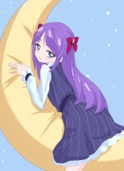 Rule 34 | 1girl, blue background, blue eyes, blunt bangs, blush, bow, dress, from behind, from side, hair bow, highres, kaguya madoka, long hair, long sleeves, looking at viewer, looking back, parted lips, precure, purple dress, purple hair, red bow, sash, shirt, sincos, smile, solo, star twinkle precure, white shirt