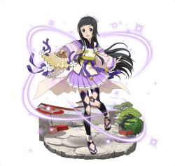 Rule 34 | 1girl, :d, black eyes, black hair, black thighhighs, floating hair, frilled skirt, frills, full body, hand fan, head wreath, holding, holding fan, japanese clothes, long hair, looking at viewer, miniskirt, open mouth, outstretched arm, pleated skirt, purple skirt, ribbon-trimmed sleeves, ribbon trim, simple background, skirt, smile, solo, standing, sword art online, thighhighs, very long hair, white background, yui (sao)