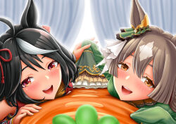 Rule 34 | 1other, 2girls, ahoge, animal ears, aonuma kiyoharu, black hair, blurry, blurry background, blush, brown hair, carrot-shaped pillow, commentary request, curtains, ear ornament, hair between eyes, horse ears, horse girl, kitasan black (umamusume), looking at viewer, multicolored hair, multiple girls, open mouth, red eyes, satono diamond (umamusume), sexually suggestive, sleeves past fingers, sleeves past wrists, smile, streaked hair, umamusume, very long sleeves, white hair, yellow eyes