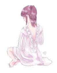 Rule 34 | 1girl, absurdres, barefoot, blush, brown hair, dress, closed eyes, frilled dress, frills, from behind, full body, hair ornament, hairclip, highres, long hair, masshirokachi, original, ponytail, simple background, sitting, soles, solo, twitter username, white background, white dress, x hair ornament, yokozuwari