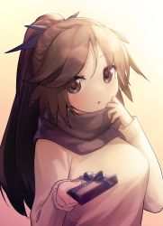 Rule 34 | 1girl, absurdres, alternate costume, arknights, beige sweater, black scarf, blush, box, breasts, brown eyes, brown hair, commentary, gift, gift box, gradient background, hand up, highres, holding, holding box, killizard, large breasts, long hair, long sleeves, looking at viewer, parted lips, pinecone (arknights), scarf, solo, upper body