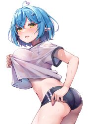 Rule 34 | 1girl, absurdres, ahoge, alternate costume, alternate hair length, alternate hairstyle, ass, black buruma, blue hair, blush, bra, bra visible through clothes, breasts, buruma, commentary, daifuku (yukihana lamy), embarrassed, from side, gym shirt, gym uniform, hair intakes, hair ornament, hairclip, heart, heart ahoge, highres, hololive, large breasts, light blue hair, looking at viewer, midriff, multicolored hair, navel, open mouth, pink hair, pointy ears, see-through, see-through shirt, shirt, shirt tug, short hair, short sleeves, simple background, solo, standing, sweat, thighs, tmo-cat, two-tone hair, underwear, virtual youtuber, wet, wet clothes, wet shirt, white background, white bra, white shirt, yellow eyes, yukihana lamy