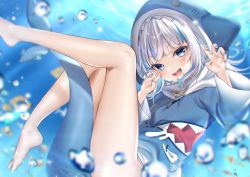 Rule 34 | 1girl, :d, absurdres, air bubble, bare legs, barefoot, blue eyes, blue hair, blue hoodie, blue nails, blurry, blurry background, blush, bubble, buta tamako, claw pose, commentary request, feet, fins, fish, fish tail, gawr gura, gawr gura (1st costume), highres, hololive, hololive english, hood, hood up, hoodie, huge filesize, long hair, long sleeves, looking at viewer, nail polish, open mouth, shark tail, sharp teeth, silver hair, smile, solo, tail, teeth, underwater, upper teeth only, v-shaped eyebrows, virtual youtuber, wide sleeves