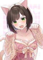 Rule 34 | 1girl, animal ears, blush, border, breasts, brown hair, cat ears, checkered background, cleavage, collarbone, commentary, fake animal ears, fang, floral print, green eyes, half-closed eyes, hands up, idolmaster, idolmaster cinderella girls, large breasts, long sleeves, looking at viewer, maekawa miku, open mouth, paw pose, pink background, pink shirt, print shirt, rose print, sakura ran, shirt, short hair, sleeveless, sleeveless shirt, smile, solo, sweater, upper body, v-shaped eyebrows, white border, white sweater