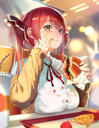 Rule 34 | 1girl, :p, absurdres, alternate costume, blurry, blurry background, blush, breast rest, breasts, breasts on table, burger, casual, eating, food, heterochromia, highres, hololive, houshou marine, large breasts, long hair, looking at viewer, okoru ringo, red hair, restaurant, solo, table, tongue, tongue out, twintails, virtual youtuber