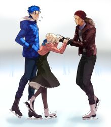 Rule 34 | 1girl, 2boys, alternate costume, archer (fate), artoria pendragon (all), artoria pendragon (fate), bad id, bad pixiv id, beanie, casual, coat, cu chulainn (fate), cu chulainn (fate/stay night), dress, fate/stay night, fate (series), hat, height difference, highres, ice skates, ice skating, multiple boys, pantyhose, saber (fate), skates, skating, toridori (csunhong1), winter clothes