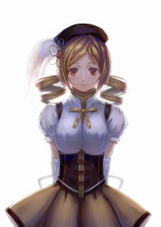 Rule 34 | 10s, arms behind back, bad id, bad pixiv id, beret, blonde hair, brown eyes, corset, detached sleeves, drill hair, hair ornament, hat, highres, light smile, lips, magical girl, mahou shoujo madoka magica, mahou shoujo madoka magica (anime), ryuuzaki ichi, simple background, solo, tomoe mami, twin drills, yellow eyes