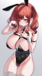 Rule 34 | 1girl, absurdres, alternate costume, animal ears, arm strap, azur lane, between breasts, black leotard, breasts, cleavage, cowboy shot, detached collar, fake animal ears, hand on own chest, hand up, highleg, highleg leotard, highres, large breasts, leotard, playboy bunny, rabbit ears, red hair, strap between breasts, strapless, strapless leotard, thighhighs, trtrpnk, twintails, undersized breast cup, white thighhighs, wrist cuffs, zara (azur lane)