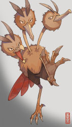 Rule 34 | bird, black eyes, closed mouth, commentary request, creatures (company), dodrio, game freak, gen 1 pokemon, grey background, highres, nintendo, no humans, open mouth, oyasuminjyutsu, pokemon, pokemon (creature), solo, talons, tongue