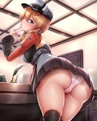 Rule 34 | 1girl, anchor hair ornament, ass, bad anatomy, black thighhighs, blonde hair, breasts, cross, desk, finger to mouth, from below, green eyes, grey jacket, grey skirt, hair ornament, hat, highres, huge ass, indoors, iron cross, jacket, kantai collection, large breasts, leaning forward, long hair, long sleeves, looking at viewer, looking down, nicoby, panties, peaked cap, pleated skirt, prinz eugen (kancolle), quill, skirt, solo, thighhighs, twintails, underwear, white panties