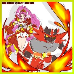 Rule 34 | 1girl, akagi towa, character name, colored sclera, creatures (company), crossover, cure scarlet, fire, game freak, gen 7 pokemon, go! princess precure, incineroar, instrument, kneeling, long hair, luyuxuan24, magical girl, music, nintendo, pink hair, playing instrument, pokemon, pokemon (creature), precure, simple background, very long hair, white background, yellow sclera